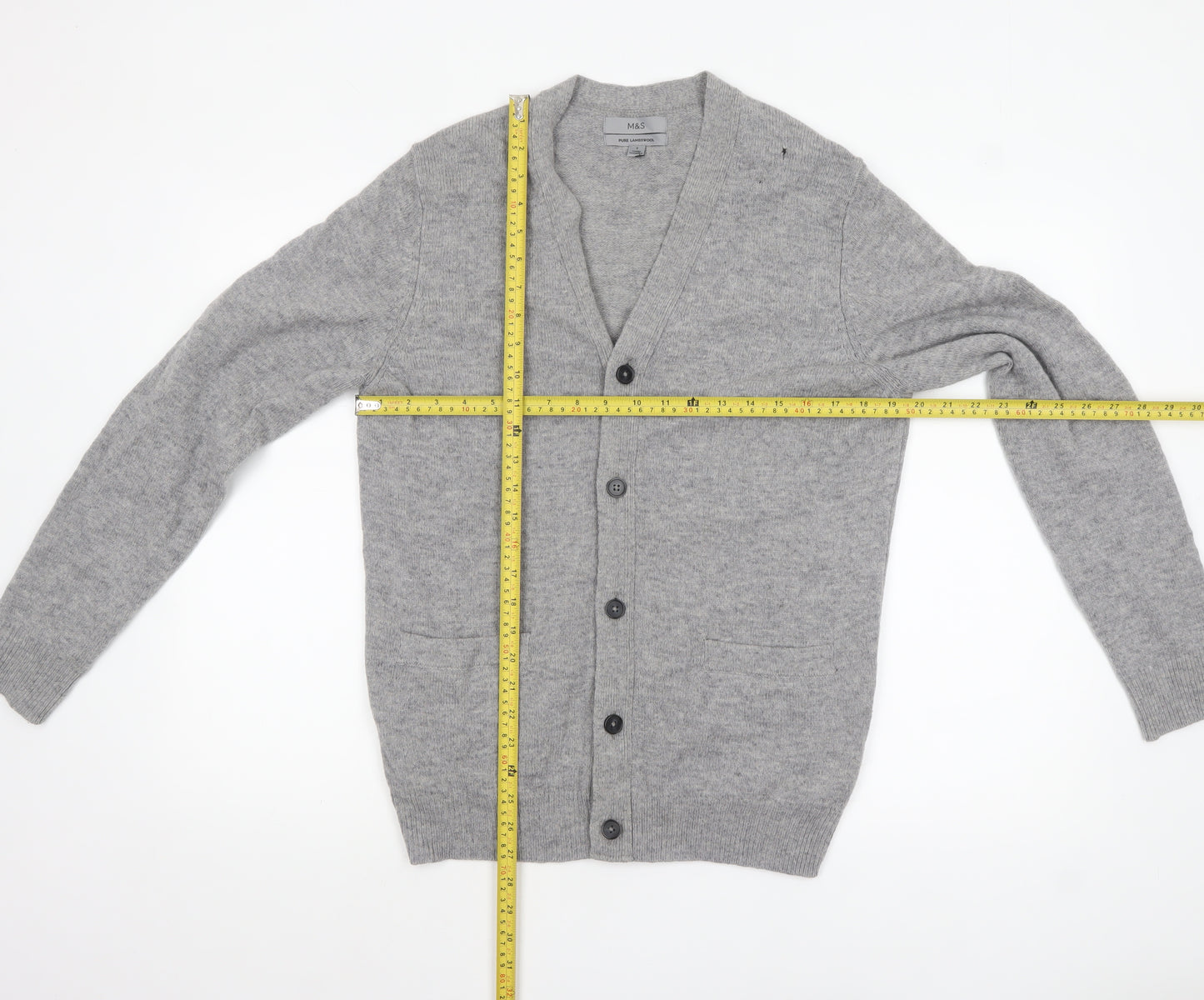 Marks and Spencer Men's Grey Wool Cardigan S V-Neck Button Knit