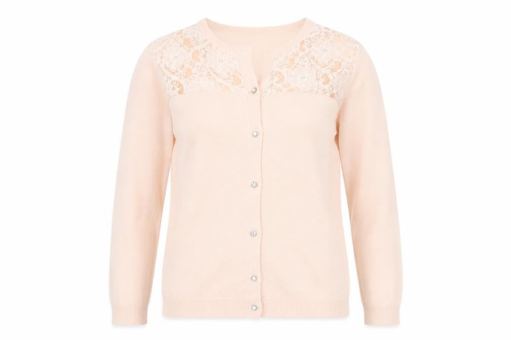 Front view of Atmosphere women’s beige lace knit cardigan, size UK 10