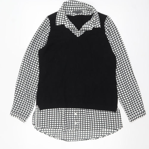Adrianna Papell Women's Black Check Layered Collared Blouse Size S