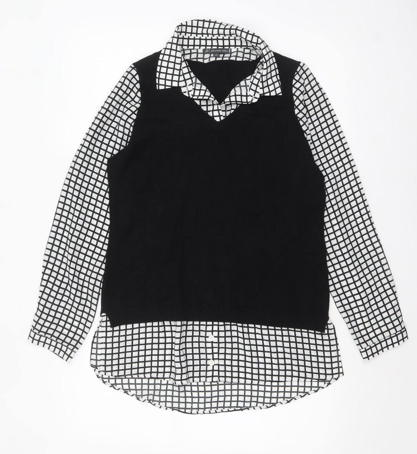 Adrianna Papell Women's Black Check Layered Collared Blouse Size S
