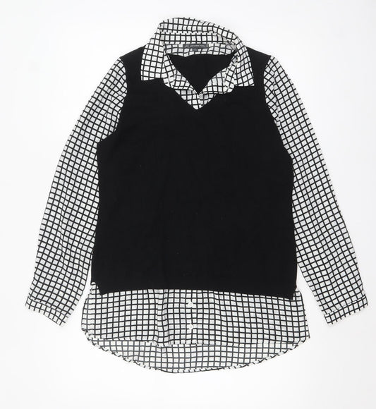 Adrianna Papell Women's Black Check Layered Collared Blouse Size S