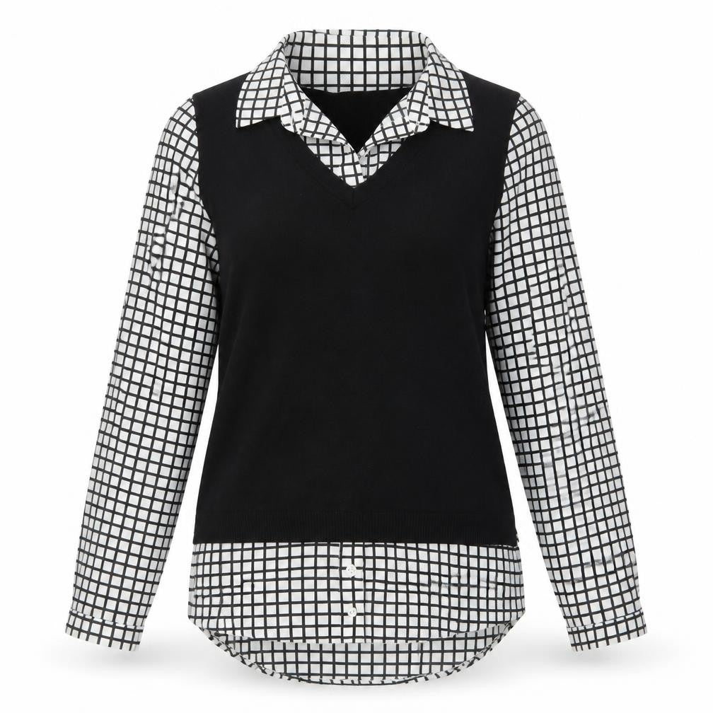 Front view of Adrianna Papell Women's Black Check Layered Collared Blouse, size S