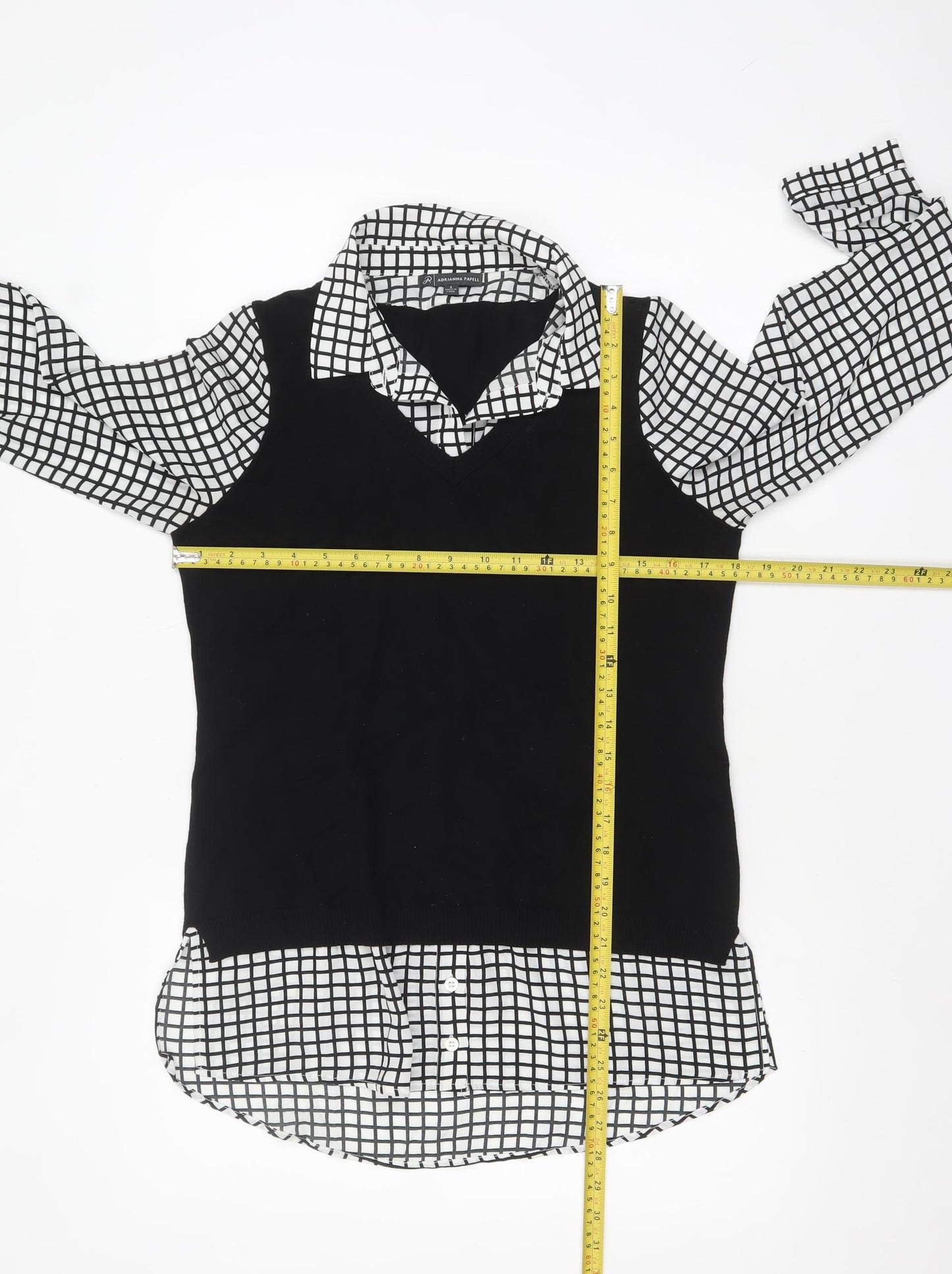 Adrianna Papell Women's Black Check Layered Collared Blouse Size S