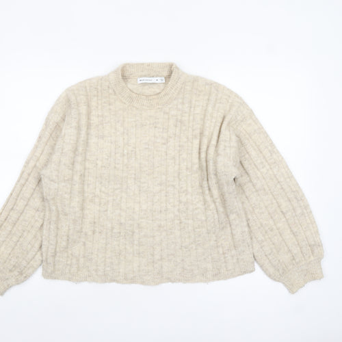 Warehouse Women's Beige Crew Neck Rib Knit Wool Blend Jumper Size M