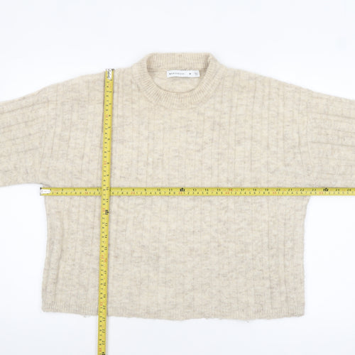 Warehouse Women's Beige Crew Neck Rib Knit Wool Blend Jumper Size M