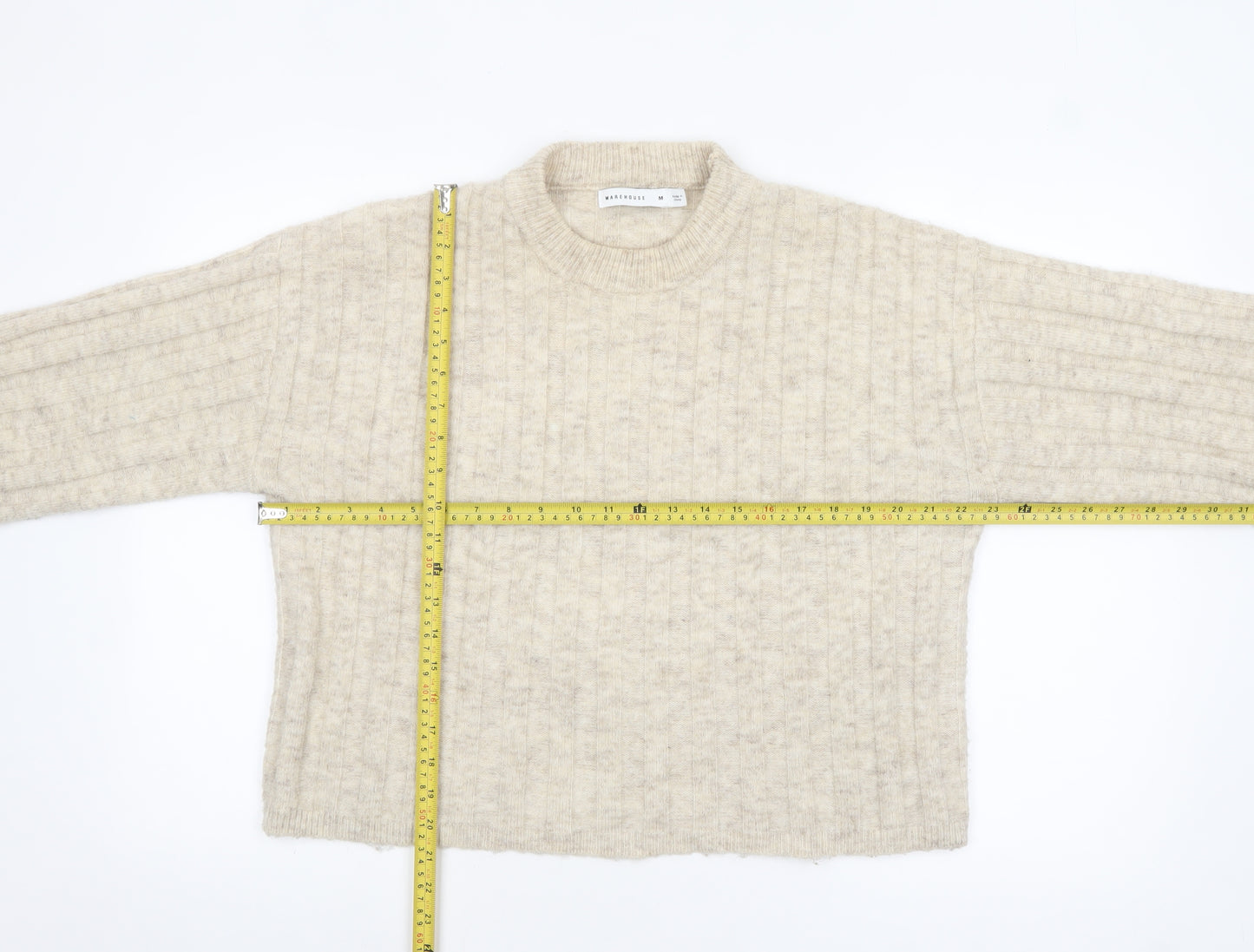 Warehouse Women's Beige Crew Neck Rib Knit Wool Blend Jumper Size M