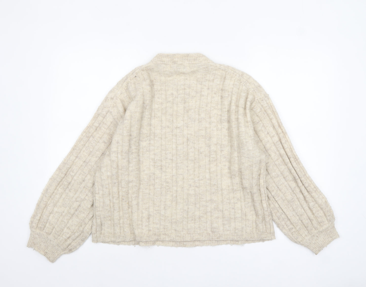 Warehouse Women's Beige Crew Neck Rib Knit Wool Blend Jumper Size M