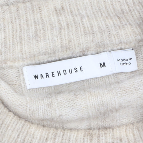 Warehouse Women's Beige Crew Neck Rib Knit Wool Blend Jumper Size M