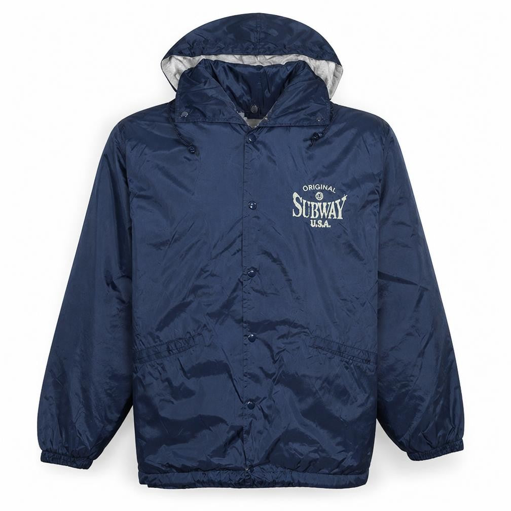 Front view of Subway USA Men’s Blue Nylon Hooded Windbreaker Jacket, size M