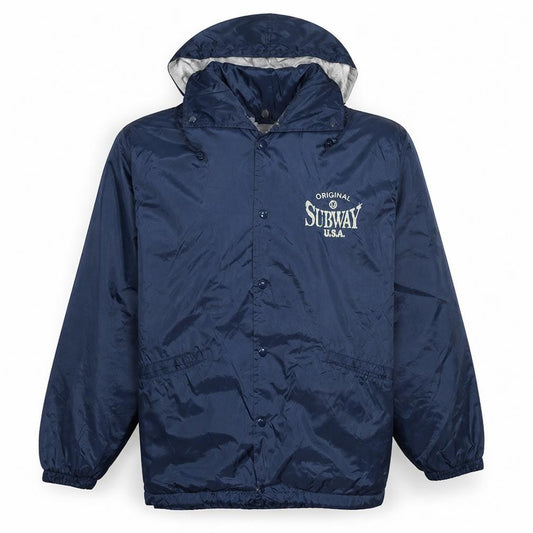 Front view of Subway USA Men’s Blue Nylon Hooded Windbreaker Jacket, size M