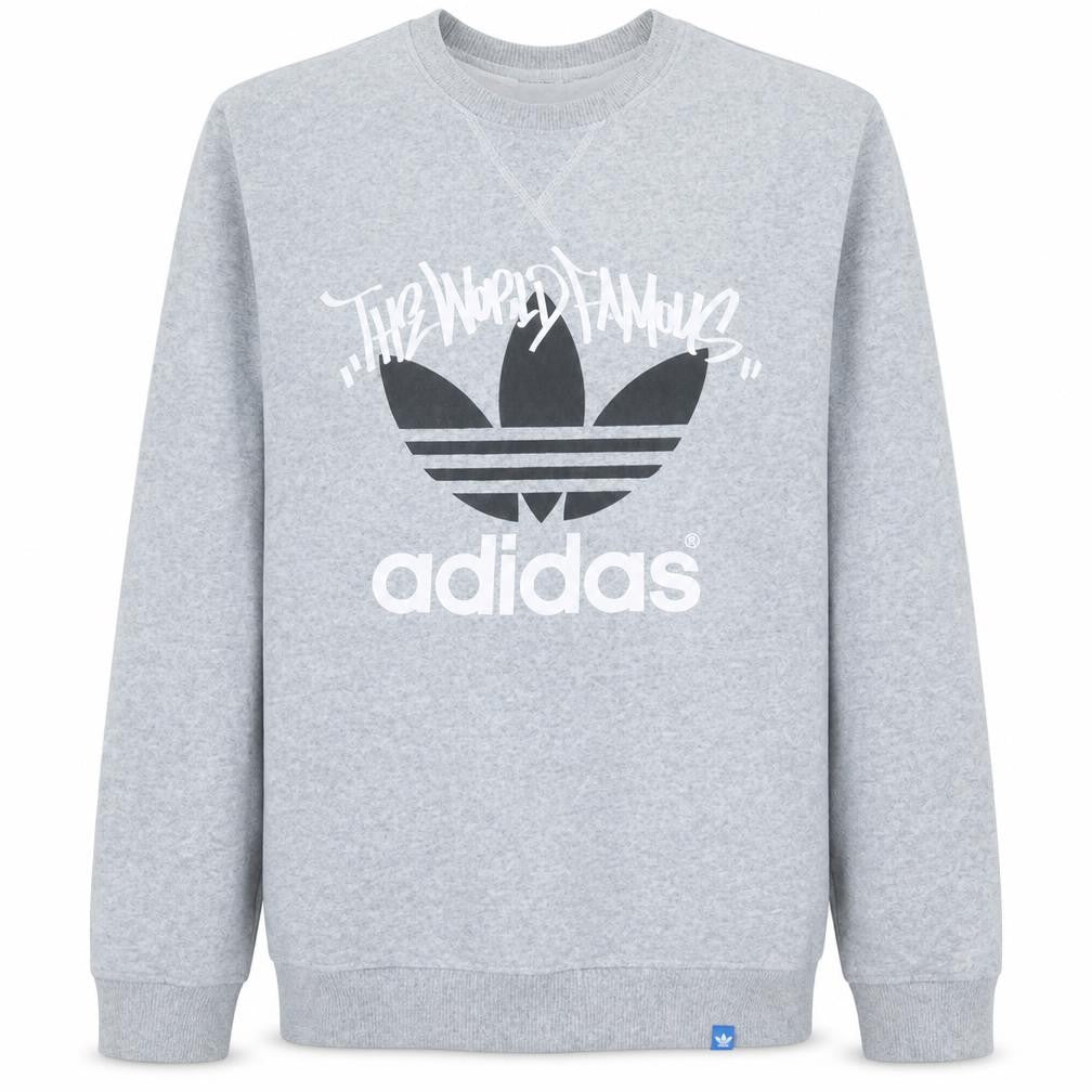 Front view of Adidas Men's Grey Crew Neck Graphic Logo Sweatshirt, size S