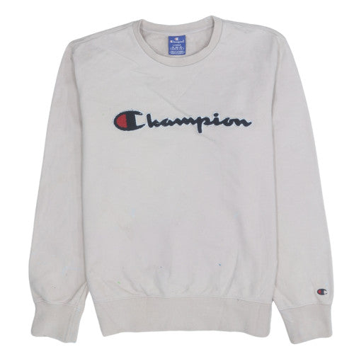 Champion Mens Beige Crew Neck Pullover Sweatshirt Large Logo Cotton Blend