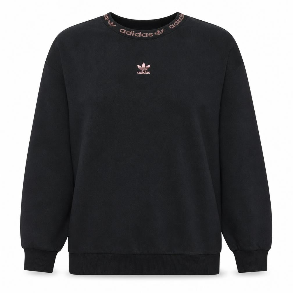 Front view of Adidas women’s black crew neck logo sweatshirt, size UK 4, small