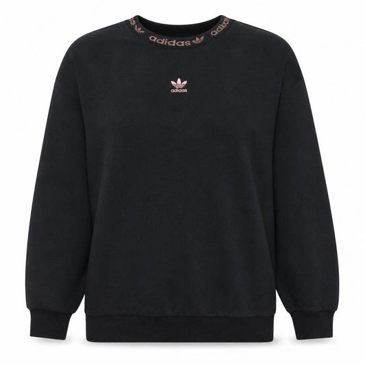 Front view of Adidas women’s black crew neck logo sweatshirt, size UK 4, small