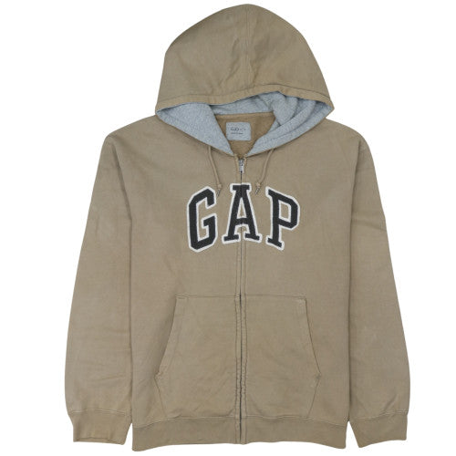 GAP Mens Beige Full Zip Hoodie XL Fleece Lined Logo Sweatshirt