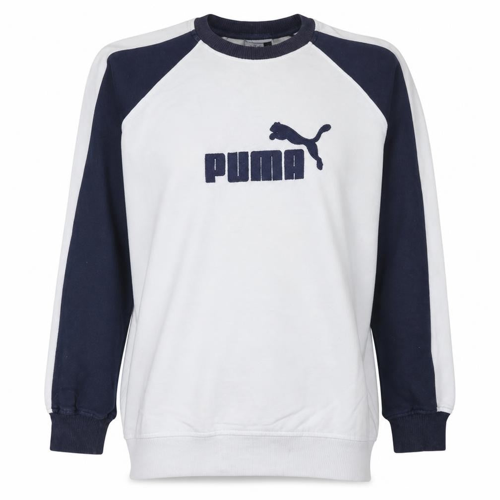 Front view of Puma Men's White Navy Pullover Sweatshirt L Logo Sports Fleece