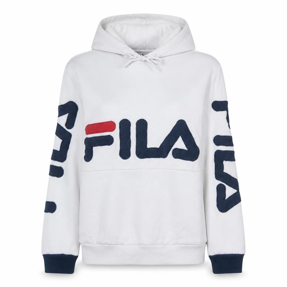 Front view of Fila Women's White Hoodie Small Pullover Logo Cotton Blend