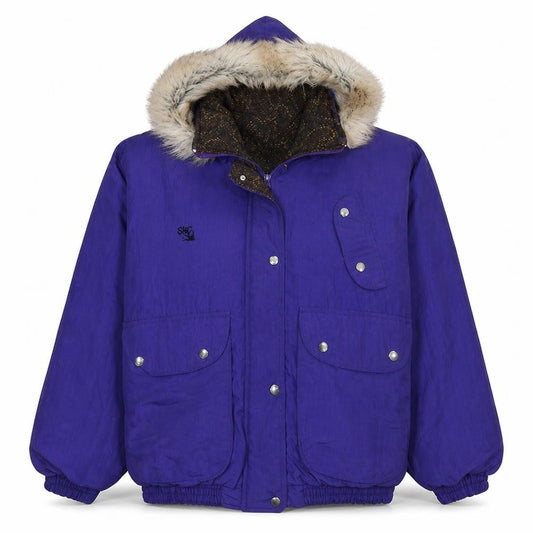 Front view of SNC Women’s Purple Hooded Fur Trim Ski Parka Jacket, size UK 12