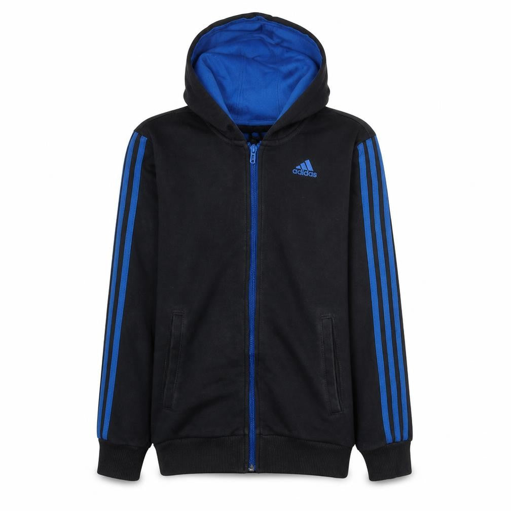 Front view of Adidas Men's Black & Blue Full Zip Hoodie Small Classic Style