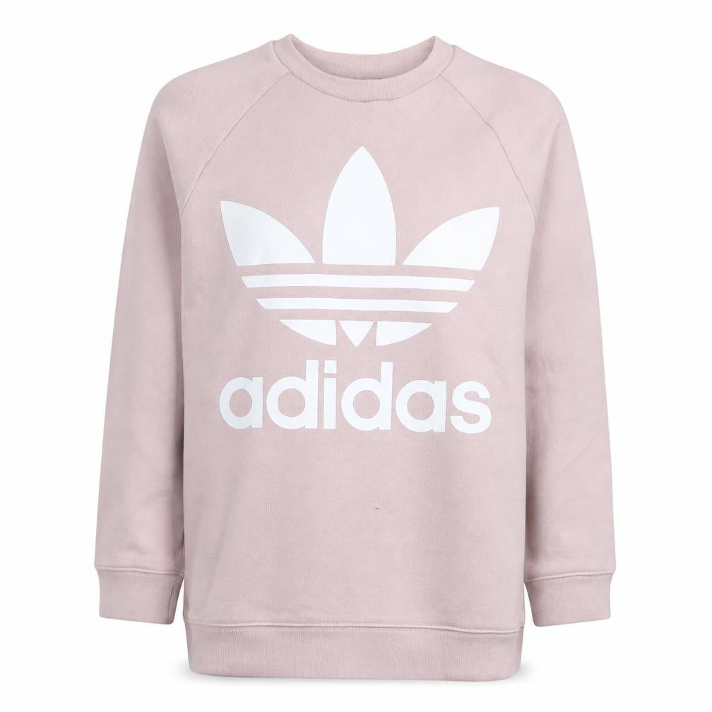 Front view of Adidas women’s pink crew neck logo pullover sweatshirt, size UK 10