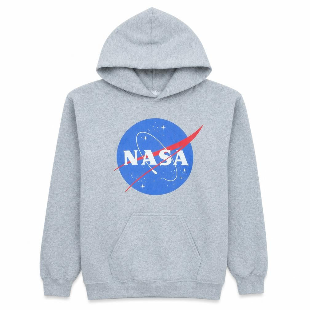 Front view of Gildan Men's Grey NASA Pullover Hoodie Small Graphic Fleece Jumper