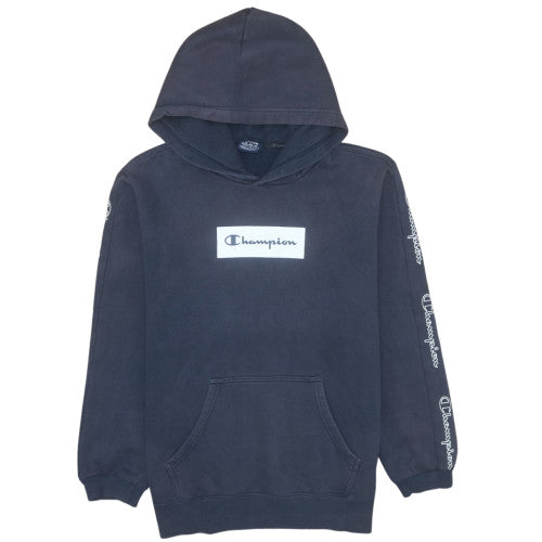 Champion Men's Blue Pullover Hoodie Medium Logo Sleeve Tape Style
