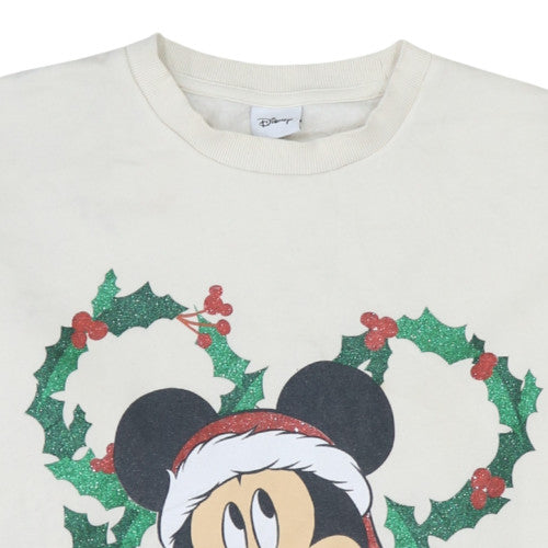 Disney Women Ivory Christmas Sweatshirt M Mickey Mouse Glitter Pullover