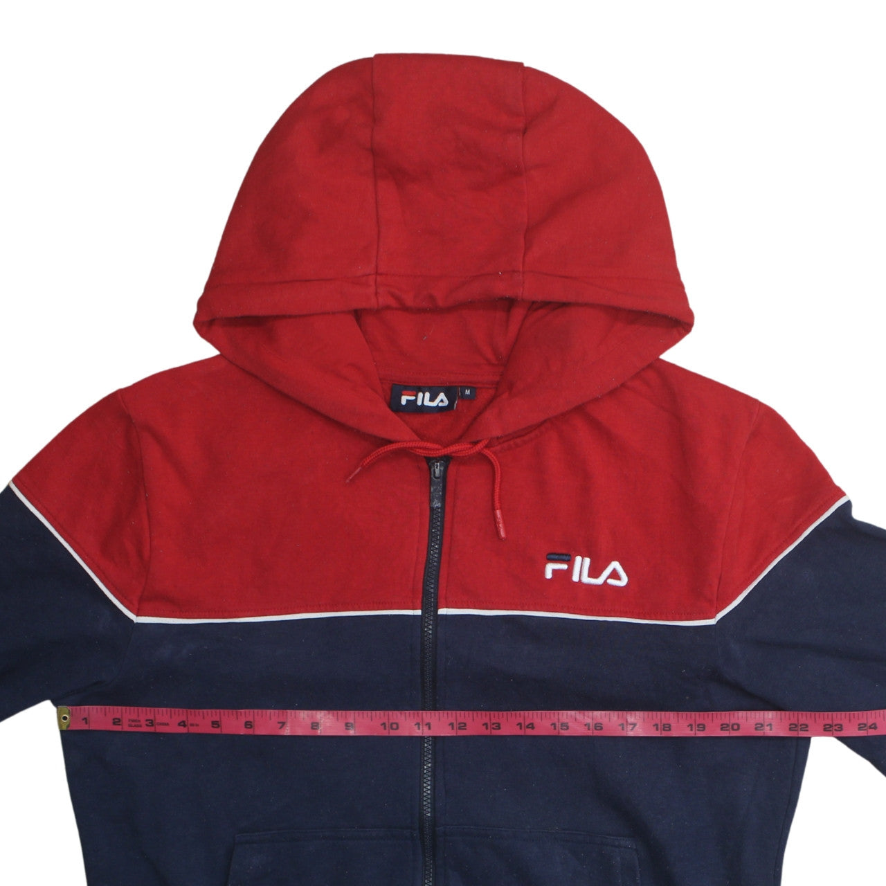 FILA Mens Red Navy Full Zip Hoodie Size M Colour Block Logo Sweatshirt