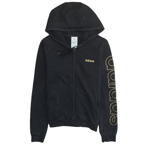 Adidas Women Black Full Zip Hoodie Size S 8-10 Gold Logo Fleece Sweatshirt