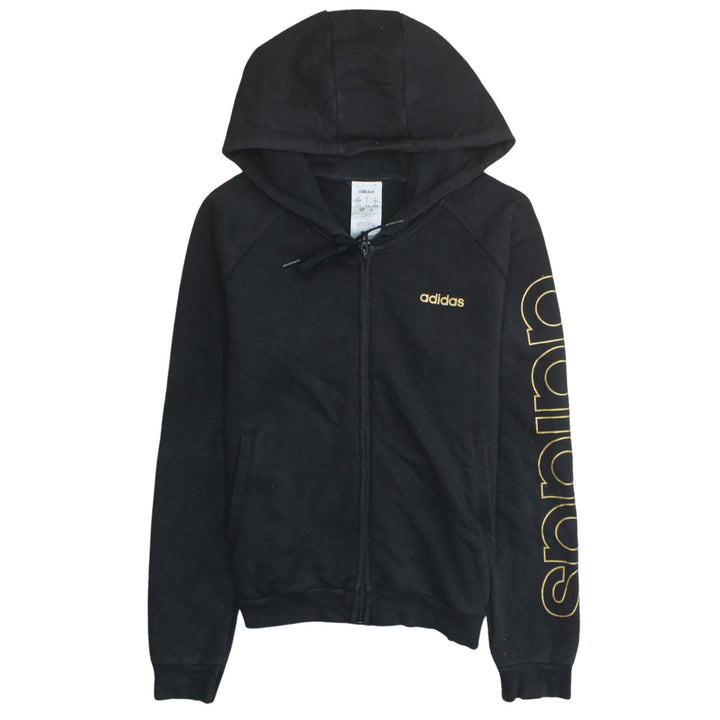 Adidas Women Black Full Zip Hoodie Size S 8-10 Gold Logo Fleece Sweatshirt