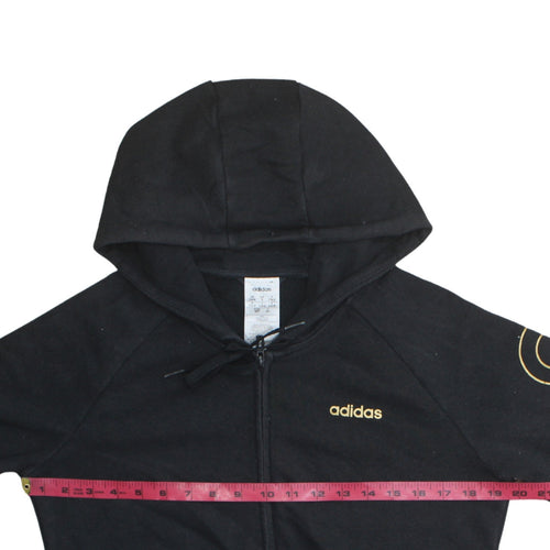 Adidas Women Black Full Zip Hoodie Size S 8-10 Gold Logo Fleece Sweatshirt