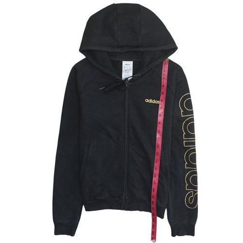 Adidas Women Black Full Zip Hoodie Size S 8-10 Gold Logo Fleece Sweatshirt
