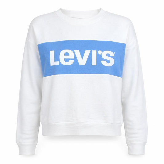 Front view of Levi's Women's White Blue Logo Crew Neck Pullover Sweatshirt, size S
