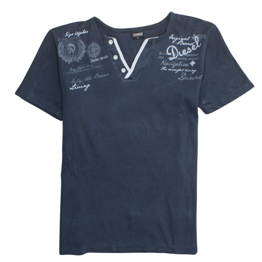 Diesel Mens Blue Graphic Henley T-Shirt XL Short Sleeve Cotton