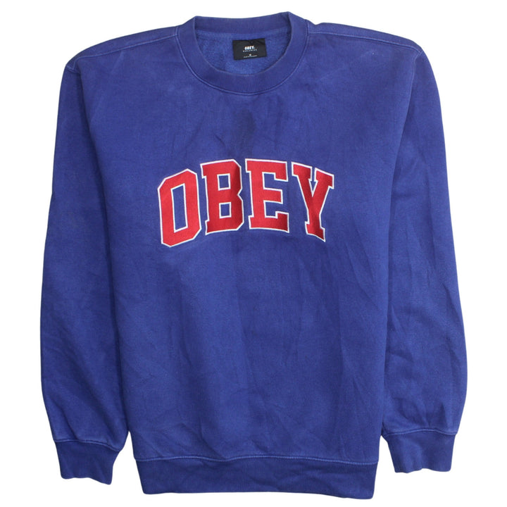 Obey Men's Blue Pullover Sweatshirt Medium Crew Neck Logo Fleece