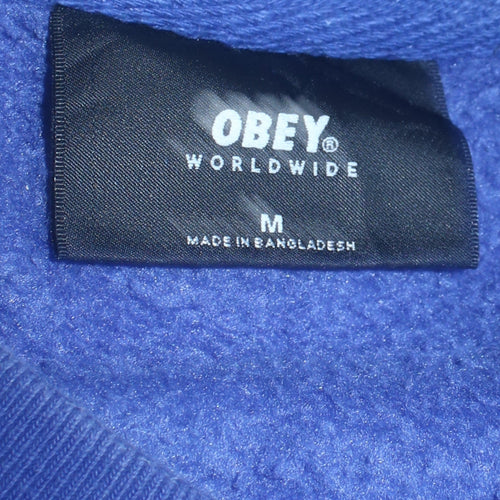 Obey Men's Blue Pullover Sweatshirt Medium Crew Neck Logo Fleece
