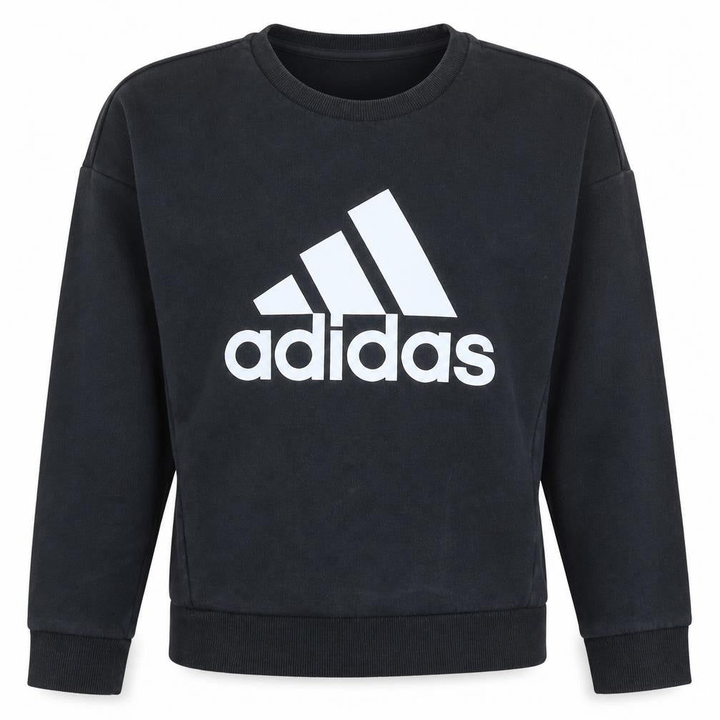 Front view of Adidas women’s black crew neck logo pullover sweatshirt, size M