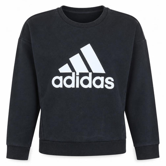 Front view of Adidas women’s black crew neck logo pullover sweatshirt, size M