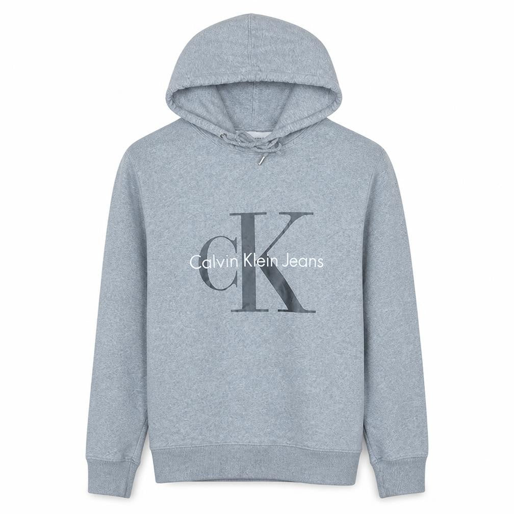 Front view of Calvin Klein Jeans Men's Grey Pullover Regular Fit Hoodie S