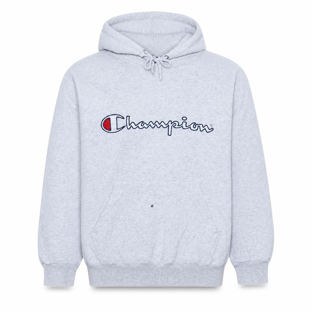 Front view of Champion Men's Grey Pullover Hoodie M Embroidered Logo Fleece