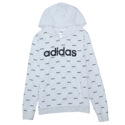Adidas Womens White Hoodie Medium 12-14 Logo Print Pullover Sweatshirt