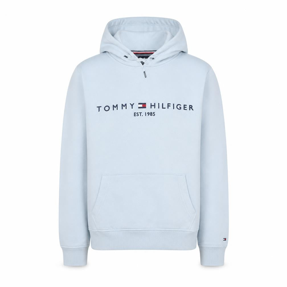 Front view of Tommy Hilfiger Men's White Pullover Hoodie M Logo Cotton Fleece