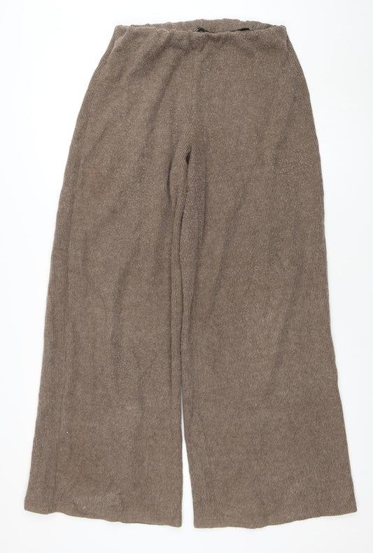 Zara Women Brown Wide-Leg Knit Trousers Size M Relaxed Fit