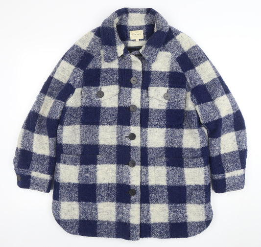 Sézane Women Blue Check Wool Blend Mid-Length Shacket Jacket Size 10
