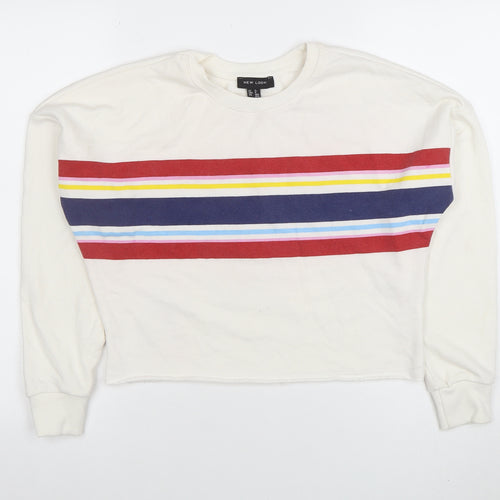 New Look Women's White Striped Crew Neck Pullover Sweatshirt UK 8