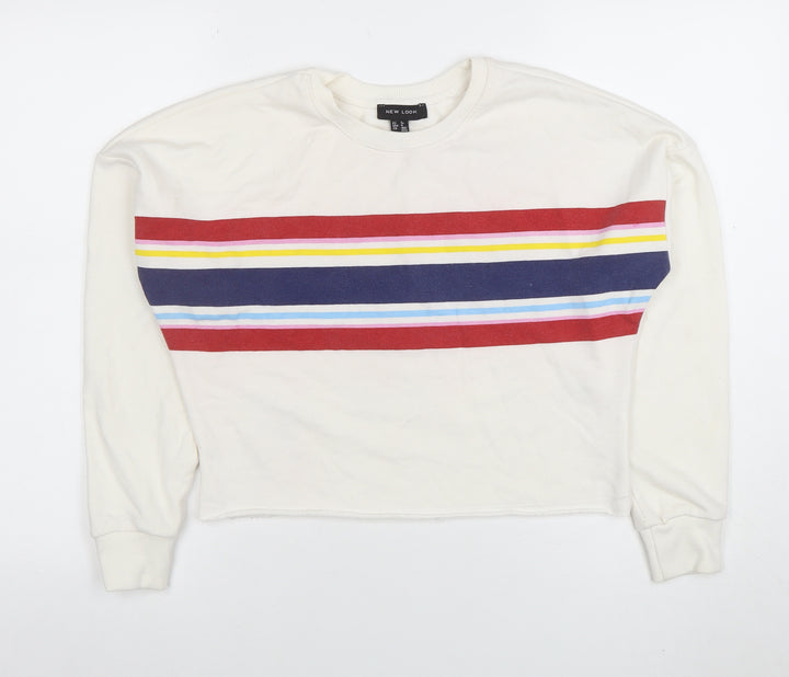 New Look Women's White Striped Crew Neck Pullover Sweatshirt UK 8
