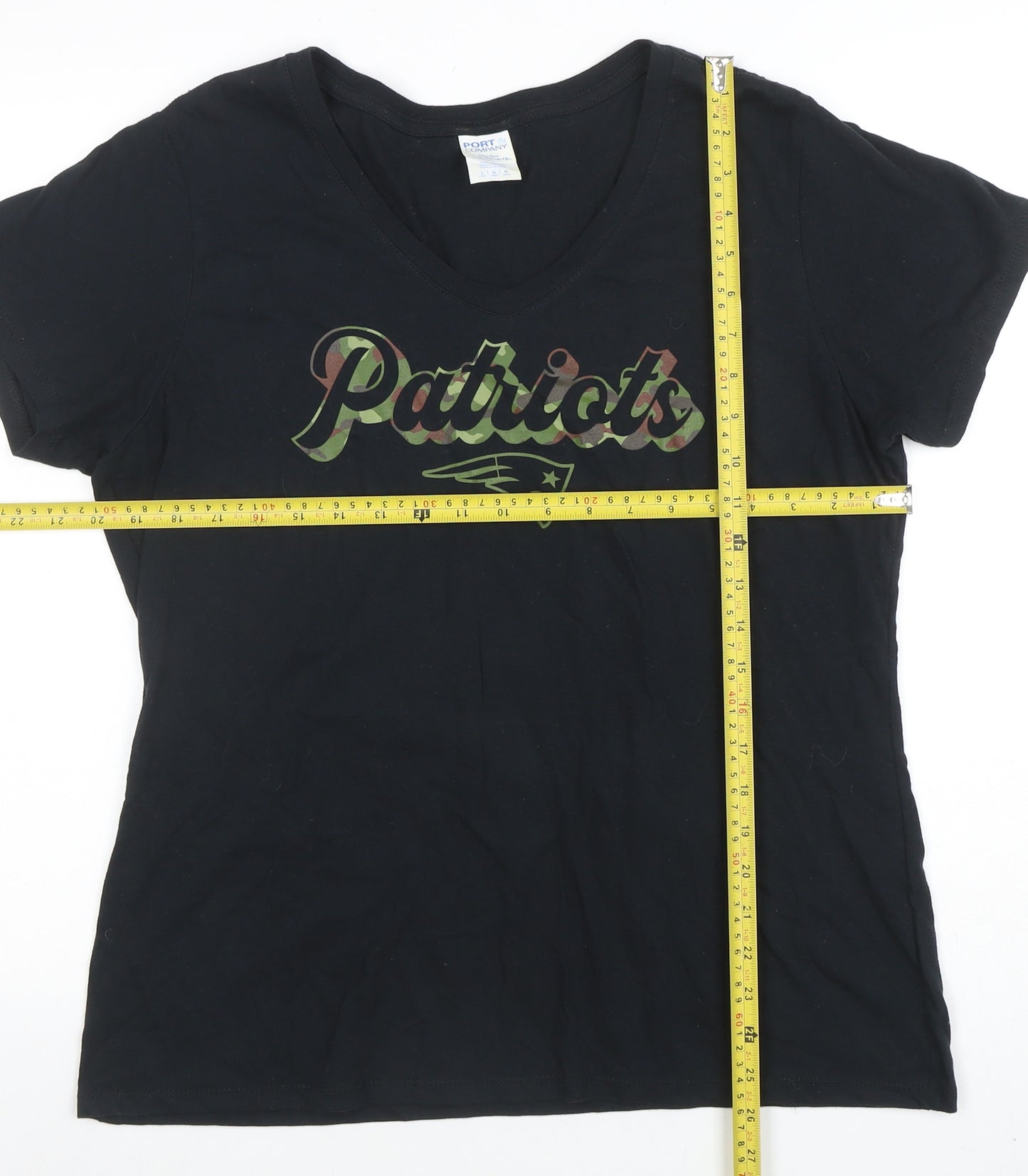 Port & Company Women Black V-Neck Short Sleeve Cotton Patriots T-Shirt L