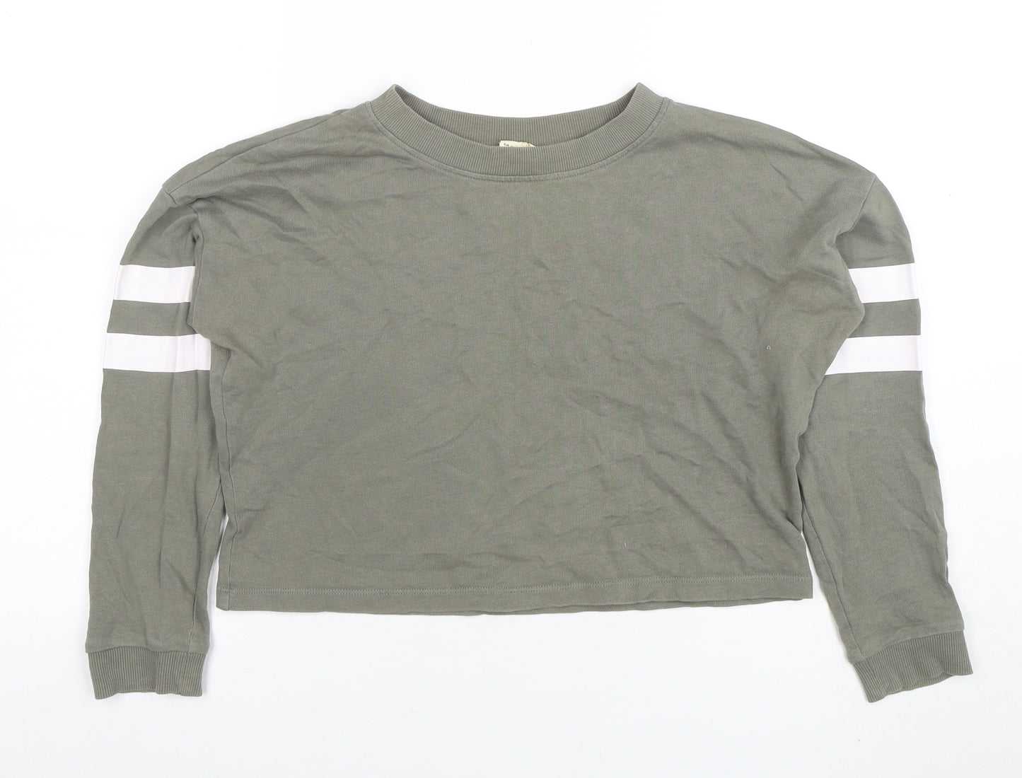 H&M Girls Khaki Green Long Sleeve Cropped Jersey Top 10-12 Years Organic Cotton