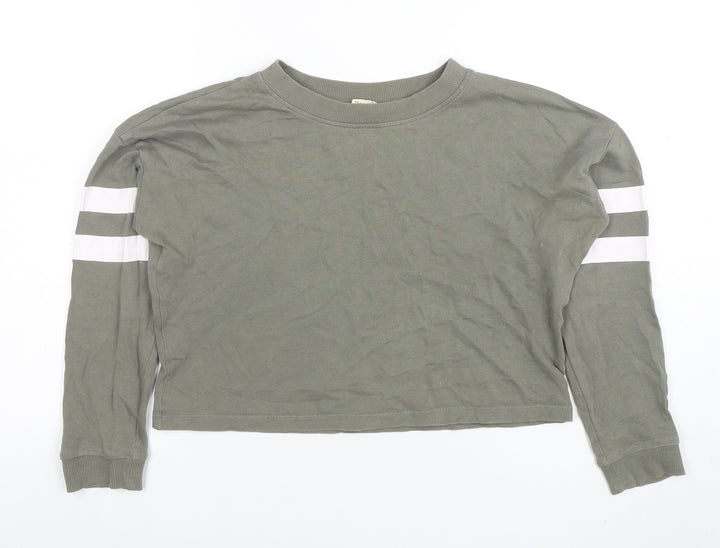 H&M Girls Khaki Green Long Sleeve Cropped Jersey Top 10-12 Years Organic Cotton