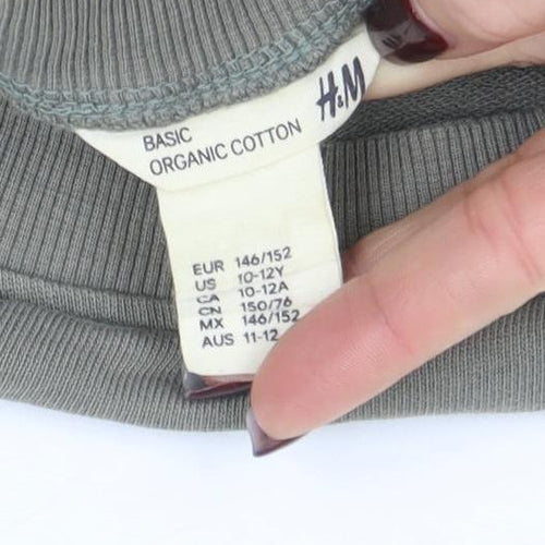 H&M Girls Khaki Green Long Sleeve Cropped Jersey Top 10-12 Years Organic Cotton